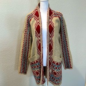 Lucky Brand Women’s Bohemian Cream And Red Sweater Cardigan Size Small